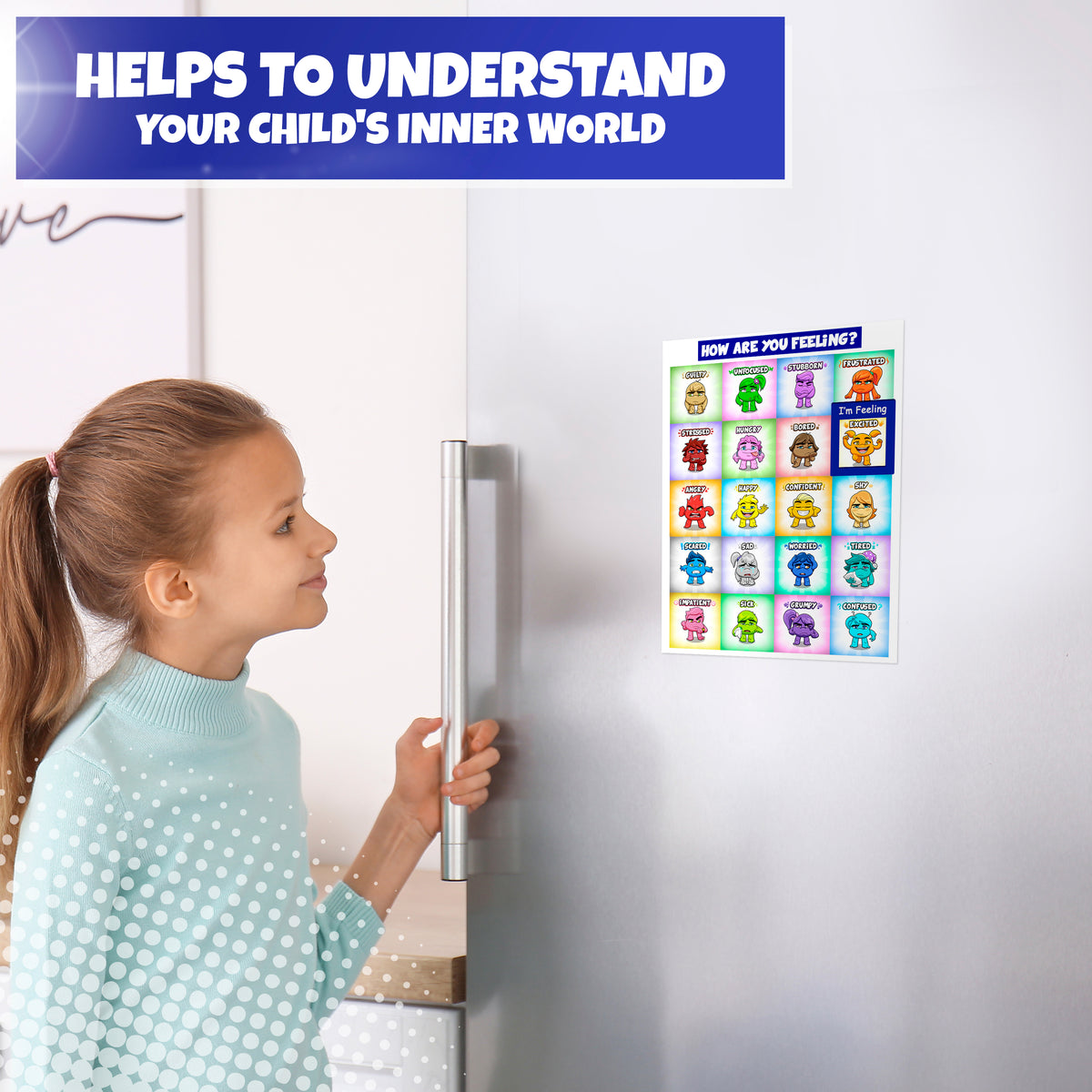 A child moving the marker on the feelings poster, stuck to a fridge door.