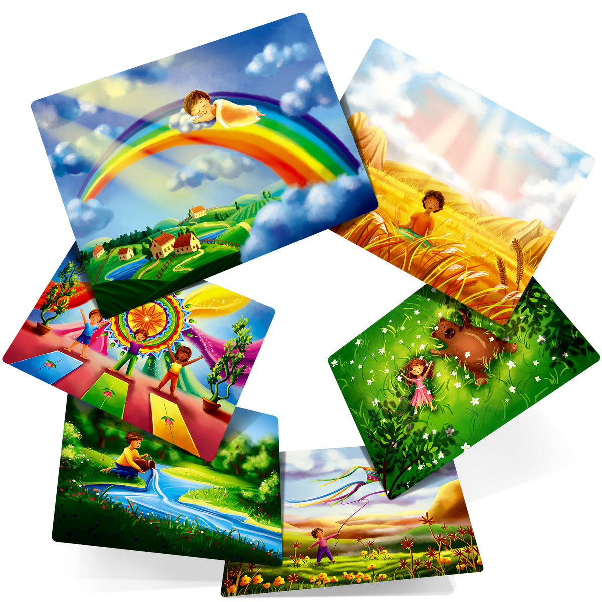 Mindful Land illustration cards showing rainbows, gardens and dreamlike landscapes.