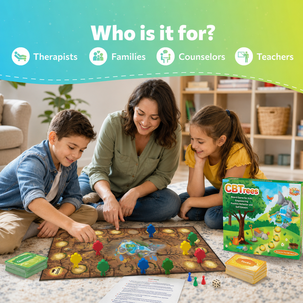 Adults and a child playing CBTrees at home.