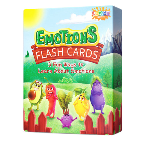 Emotions Flash Cards box, with vegetable characters showing different feelings. Card game for children aged 5 and up.