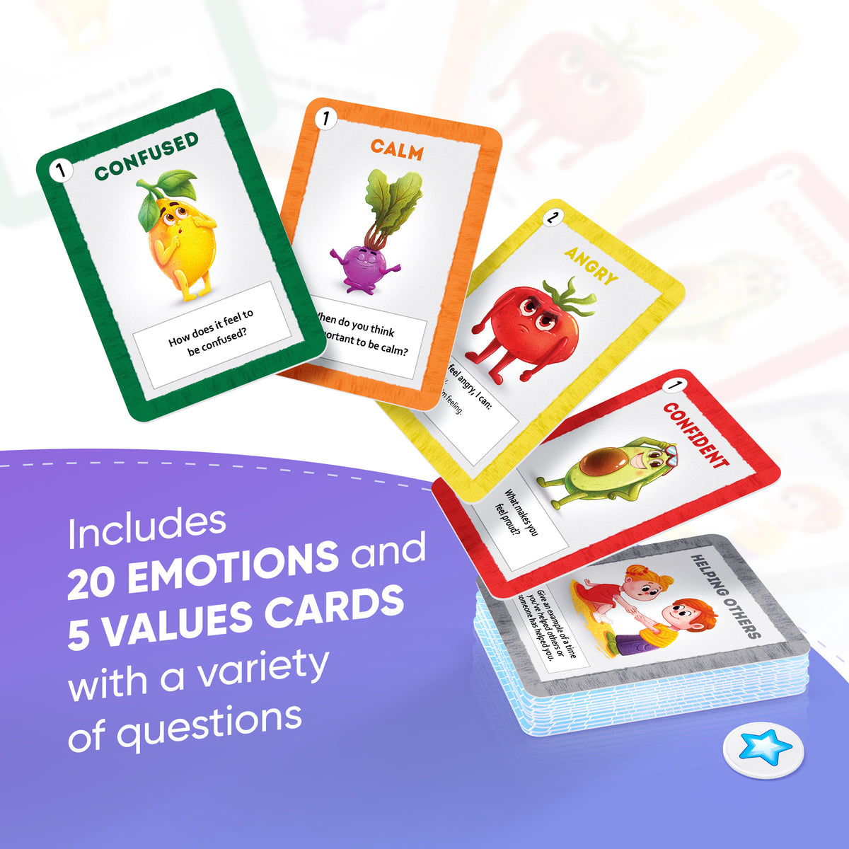 Emotions Flash Cards fanned out: 20 emotion cards and 5 values cards, each with a question.