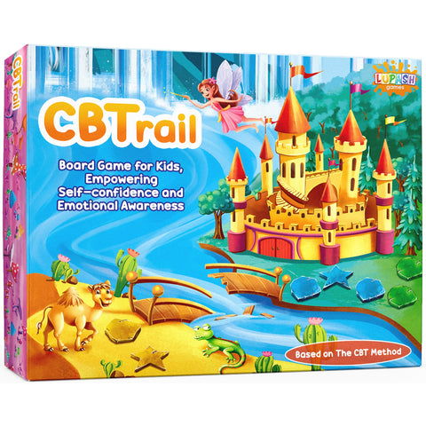 CBTrail board game box, a fairytale castle beside a winding river. Board game for children aged 7 and up.