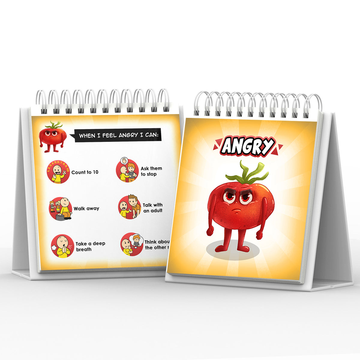 A flipbook page for feeling angry, showing positive coping ideas.