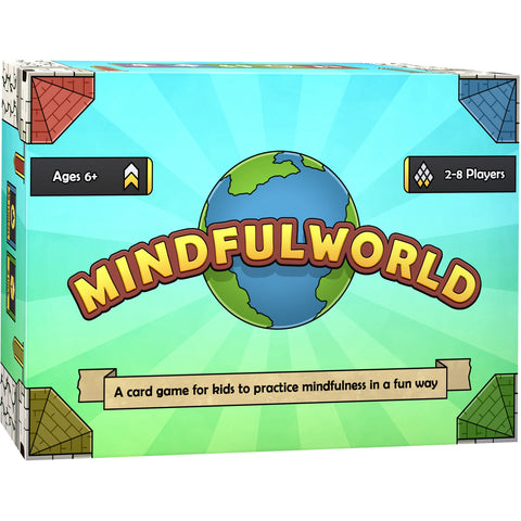 Mindfulworld card game box, a globe on a bright green background. Card game for children aged 6 and up, 2 to 8 players.
