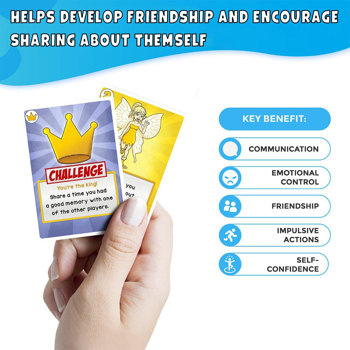 A hand holding a Together Land challenge card, with the key benefits listed.