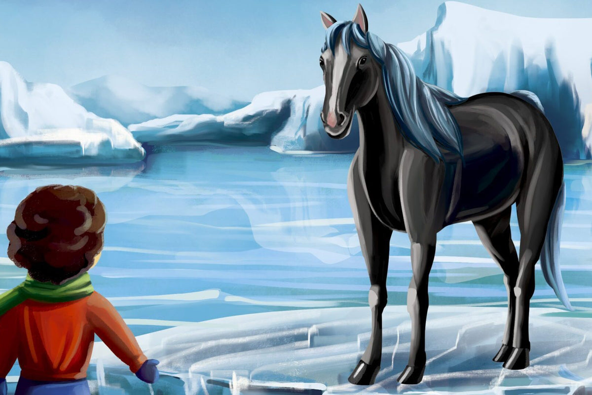 Illustration of a child meeting a horse on an icy landscape