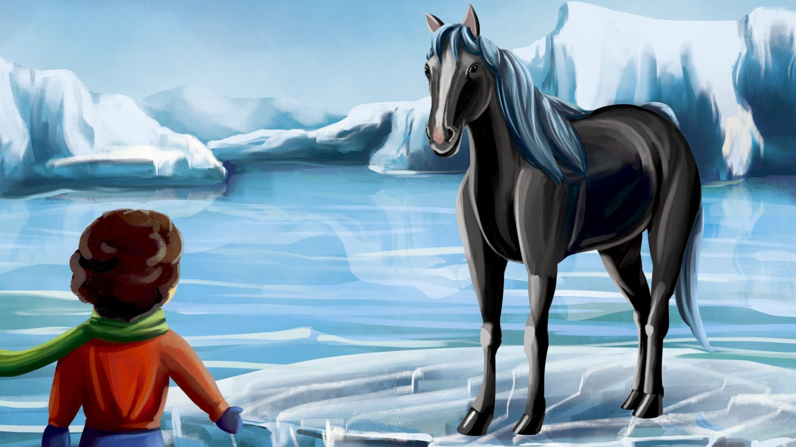 Illustration of a child meeting a horse on an icy landscape