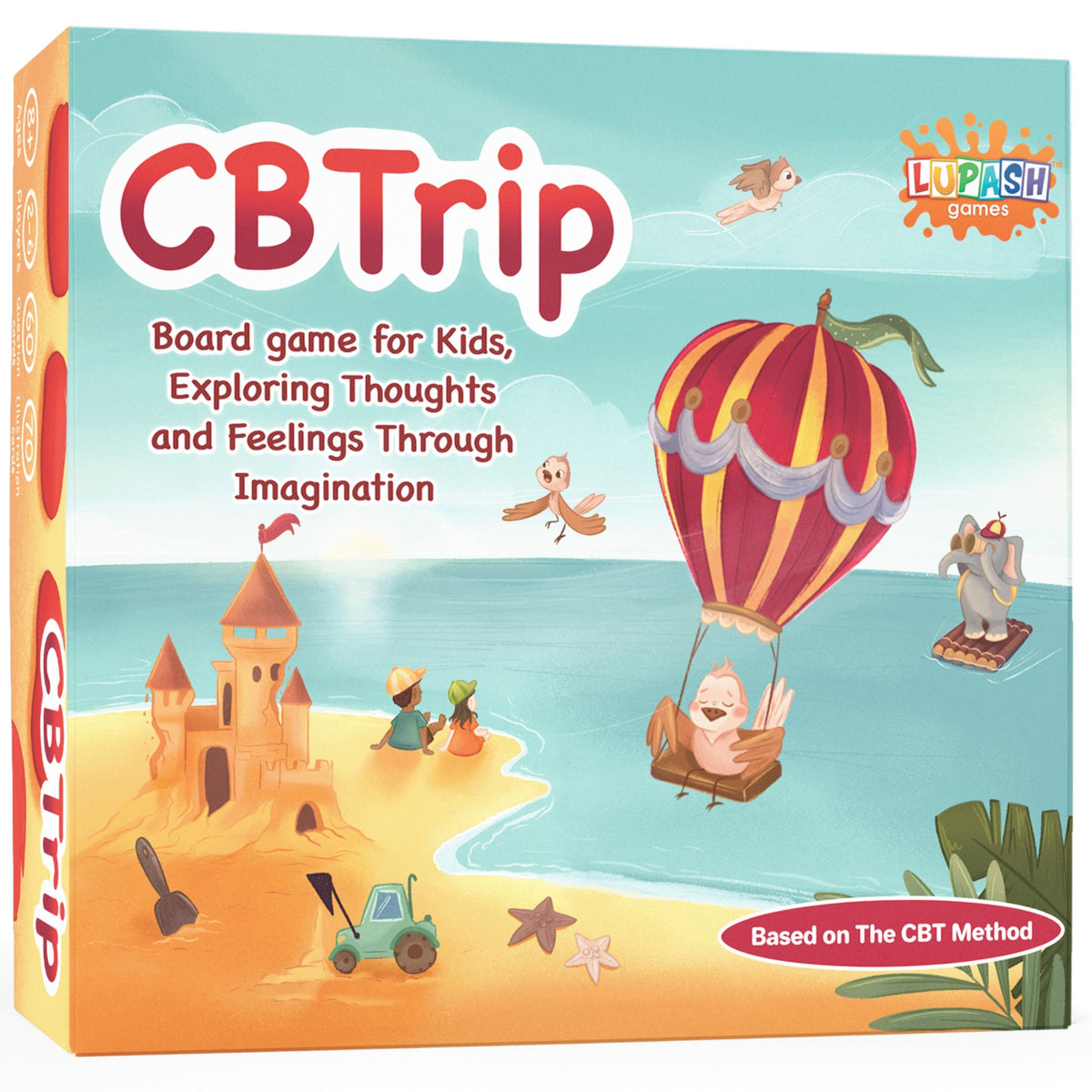 CBTrip board game box, a beach scene with a hot air balloon. Board game for kids exploring thoughts and feelings through imagination.