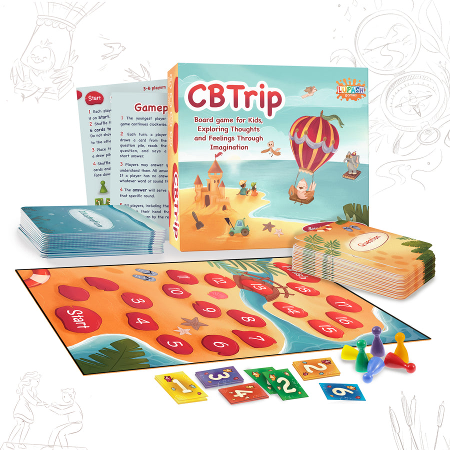 Everything in the CBTrip box: the game board, question cards, illustration cards, playing pieces, number tiles and instructions.