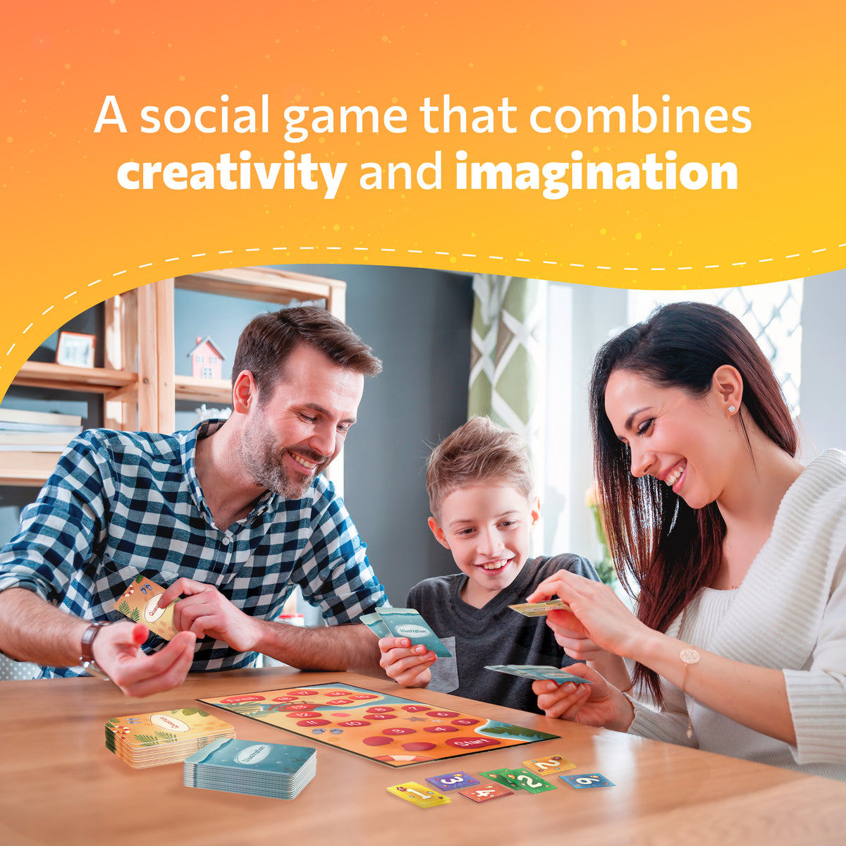 A family playing CBTrip together at the kitchen table, holding cards and smiling.