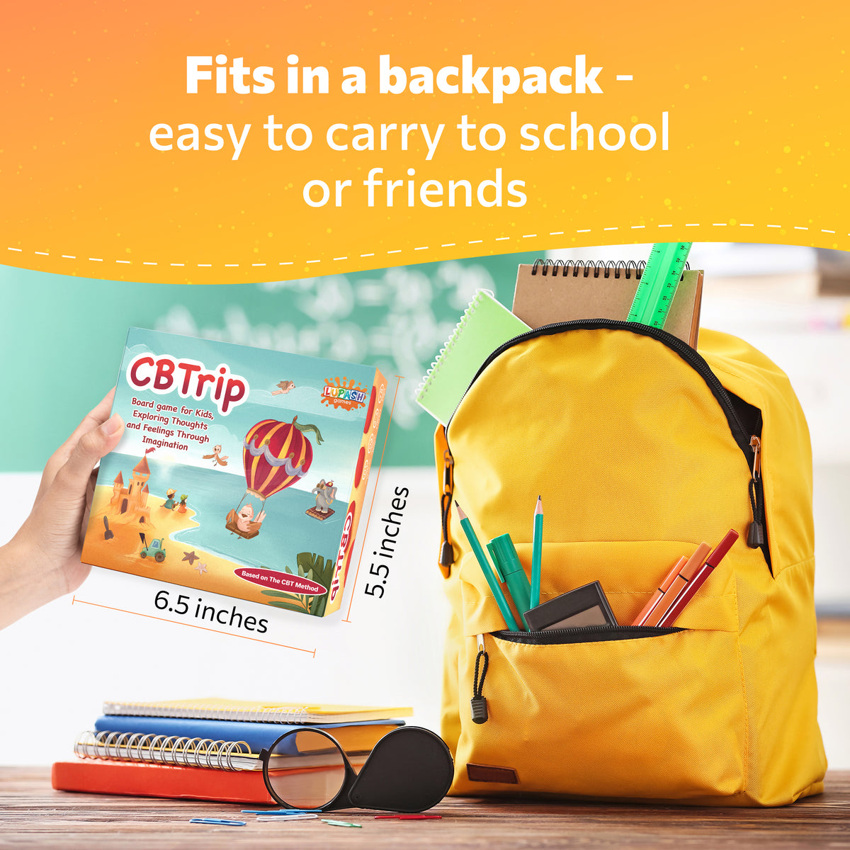 The CBTrip box held next to a backpack, showing it measures 6.5 by 5.5 inches and travels easily.