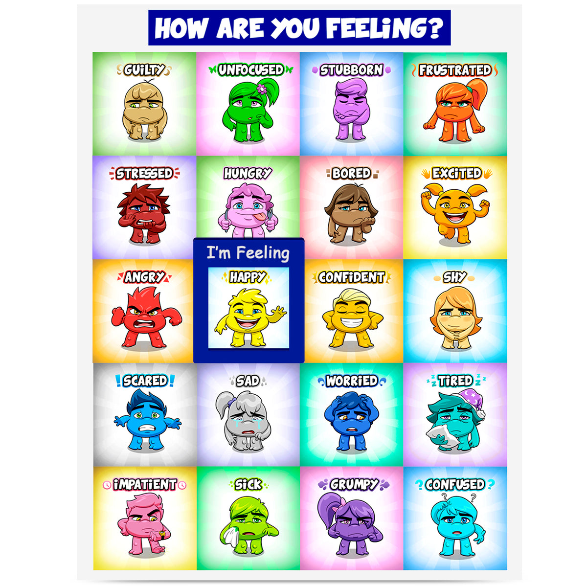 Magnet Feelings Poster, a grid of 20 feelings shown as colourful characters, with a movable 'I'm feeling' frame.