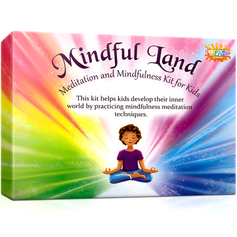 Mindful Land meditation and mindfulness kit box, showing a child meditating in a colourful landscape.