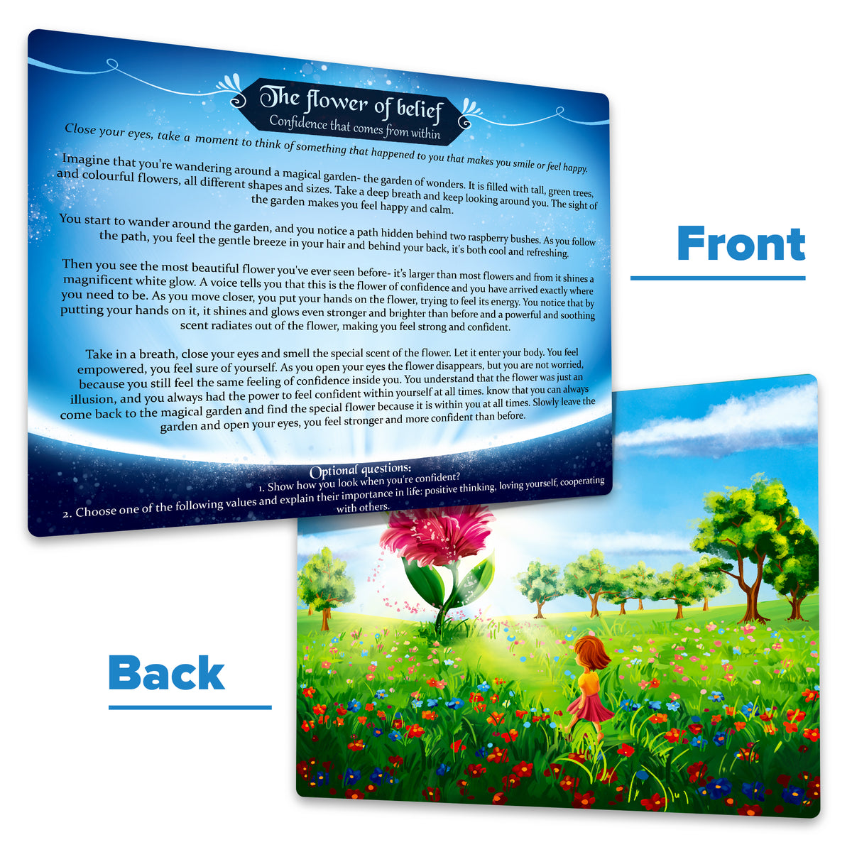 Front and back of a Mindful Land card, with a guided story on one side and an illustration on the other.