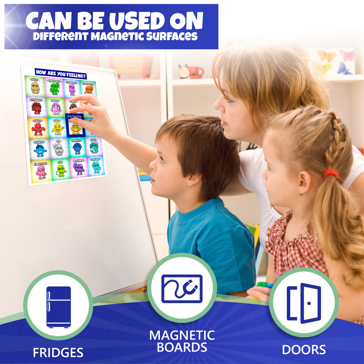 The poster used on a magnetic board in a classroom with a teacher and children.