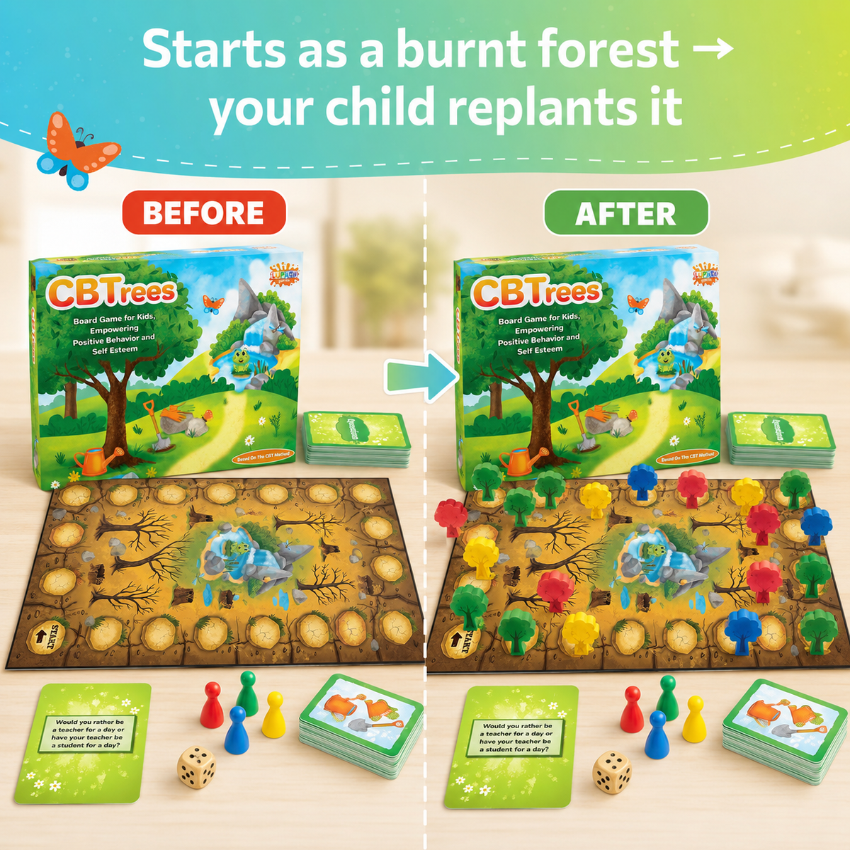 CBTrees before and after: the board starts as a burnt forest and children replant it as they play.