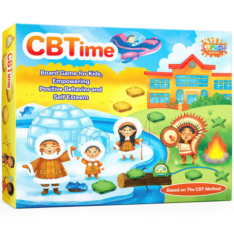 CBTime board game box, an outdoor scene with children exploring. Board game for kids aged 8 and up.