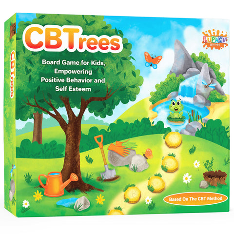 CBTrees board game box, a woodland scene with a watering can and young trees. Board game for children aged 7 and up.