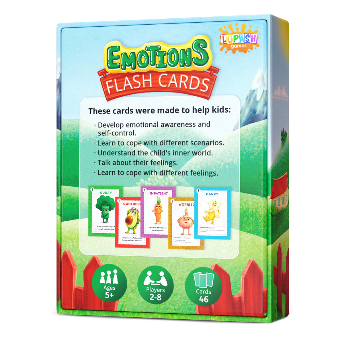 Back of the Emotions Flash Cards box, listing what the cards help children practise.