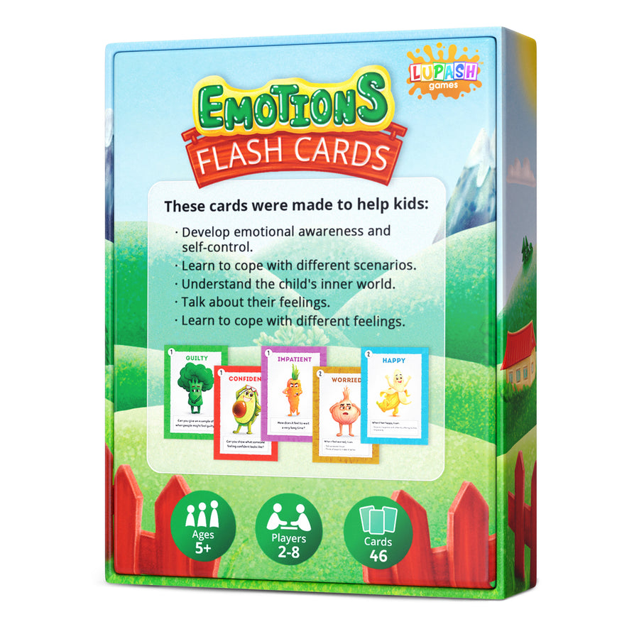 Back of the Emotions Flash Cards box, listing what the cards help children practise.