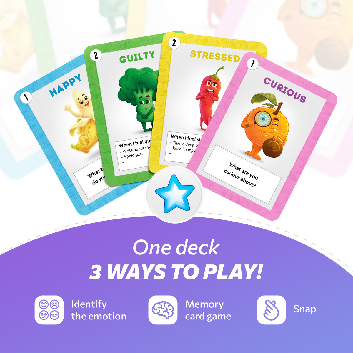 One deck, three ways to play: identify the emotion, memory card game and snap.