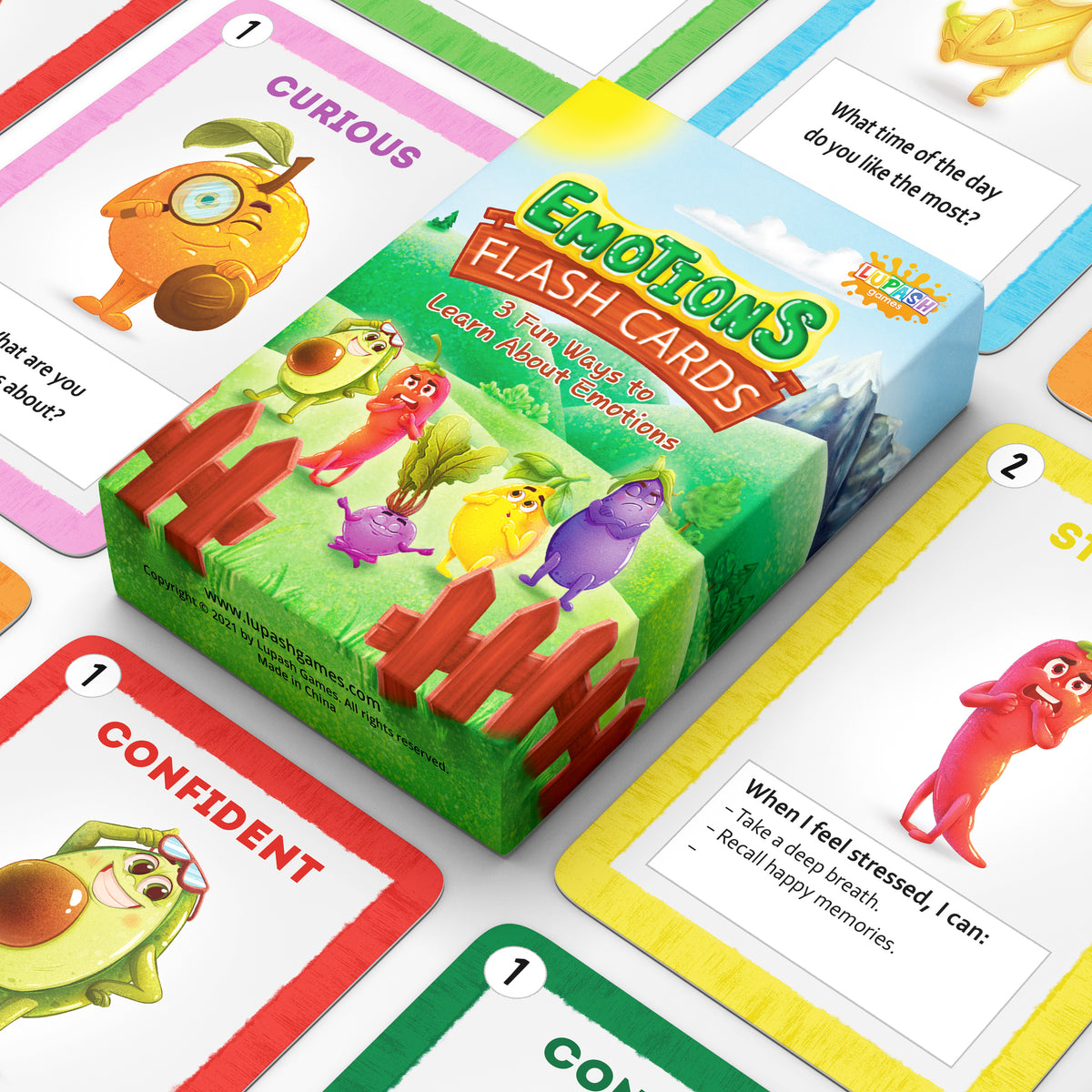 Emotions Flash Cards spread out beside the box.