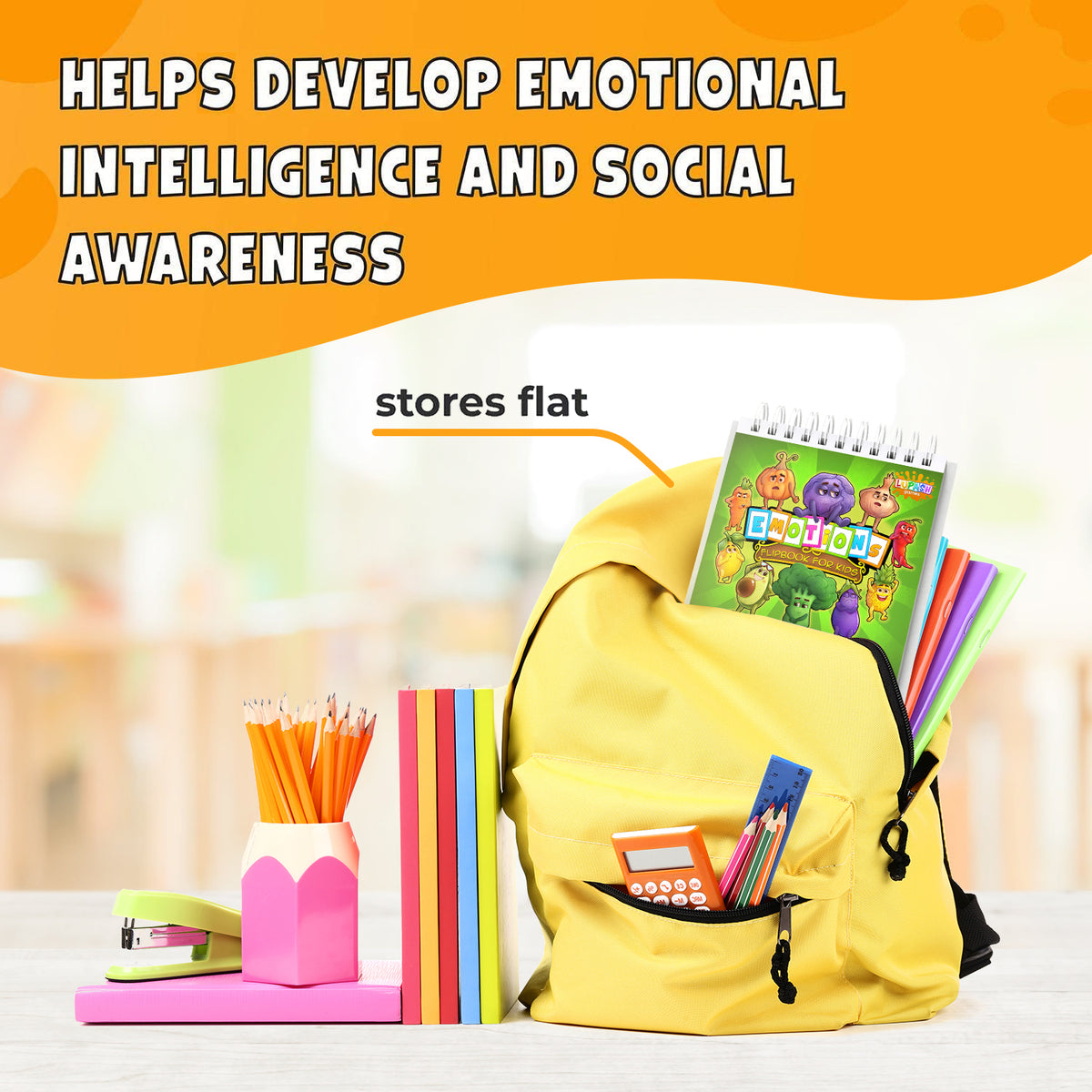 The flipbook stores flat and fits in a school backpack.