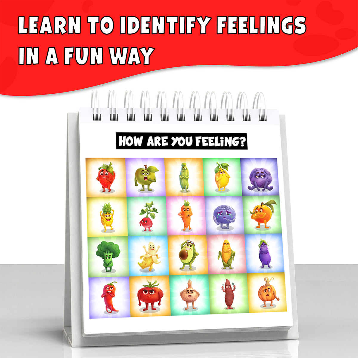 The Vegetables flipbook feelings index, showing all 20 emotions as vegetable characters.