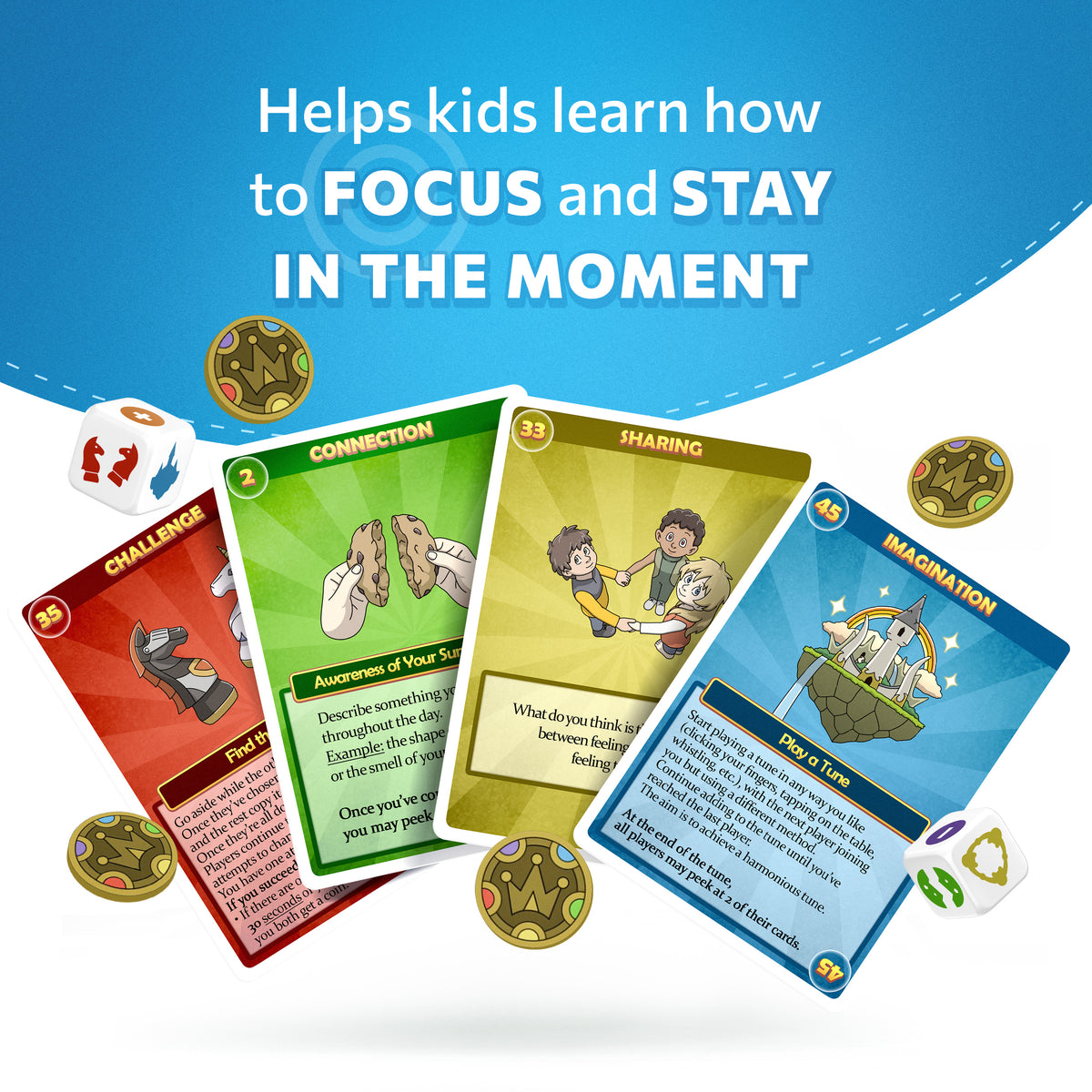 Mindfulworld cards fanned out with the wooden coins used in play.