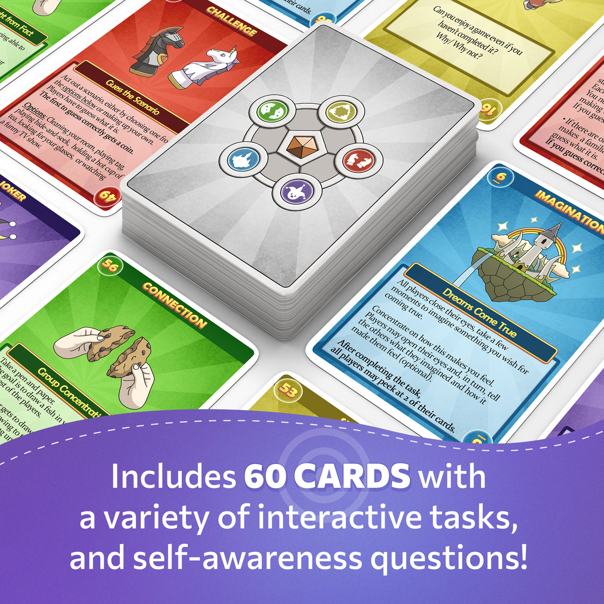 The Mindfulworld deck of 60 cards with interactive tasks and self-awareness questions.