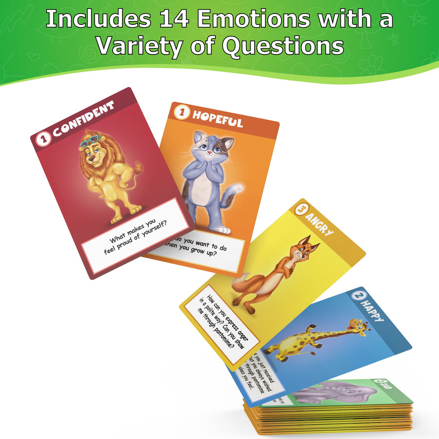 CBTiger cards fanned out, each showing an emotion with a question to talk about.