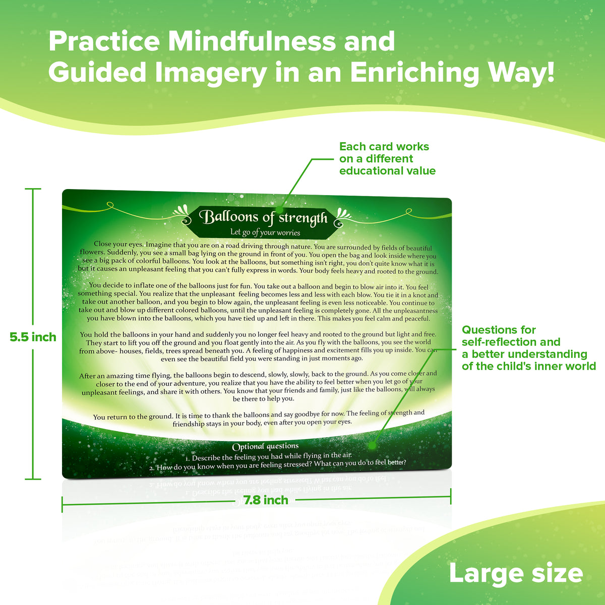 A Mindful Land card measured: 7.6 by 5.6 inches, printed large for easy reading.