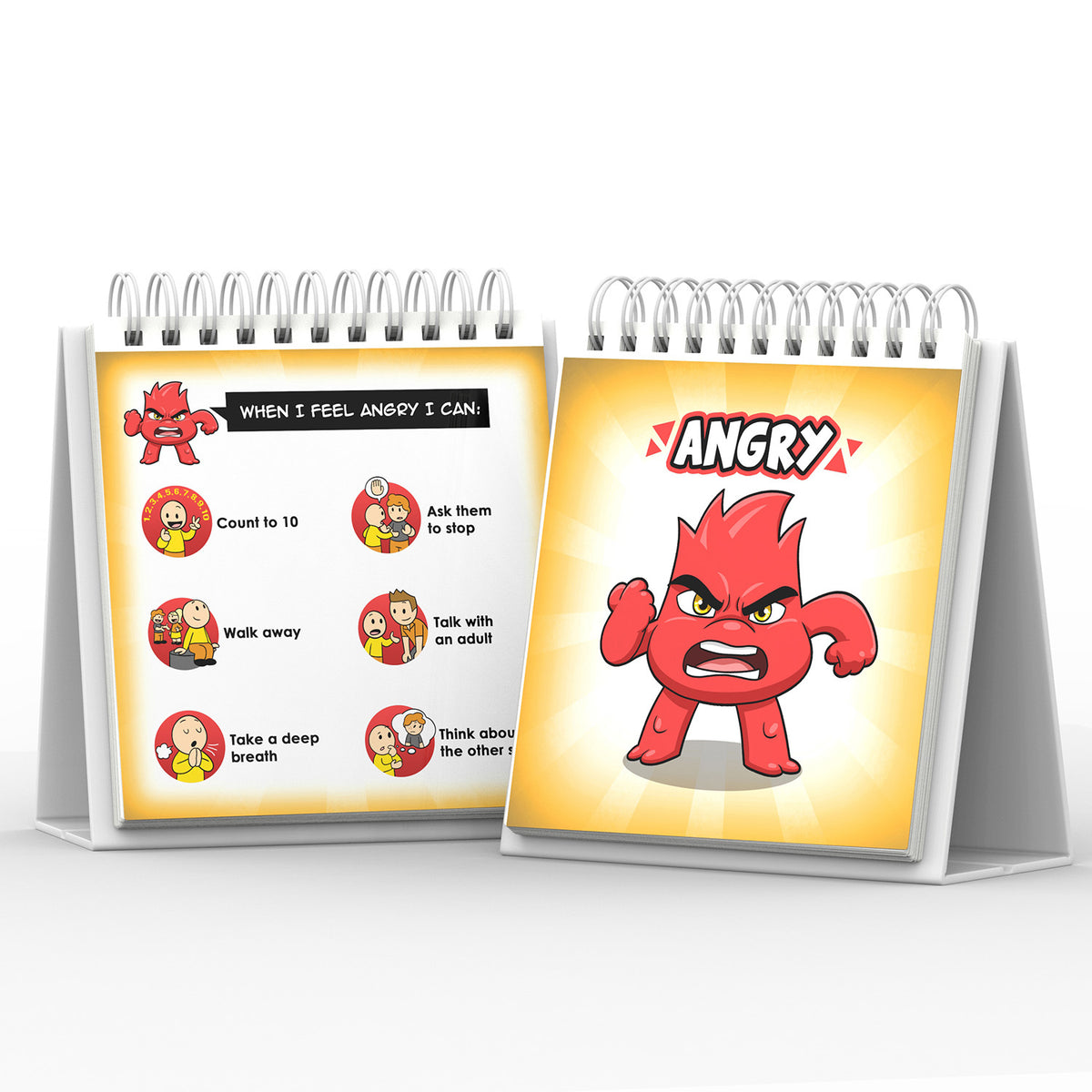A flipbook page for feeling angry, showing positive coping ideas.