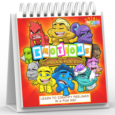 Emotions Flipbook, Monsters edition, standing open with colourful monster characters on the cover.