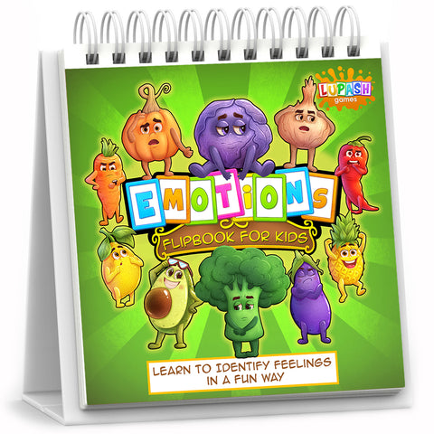 Emotions Flipbook, Vegetables edition, standing open with colourful vegetable characters on the cover.