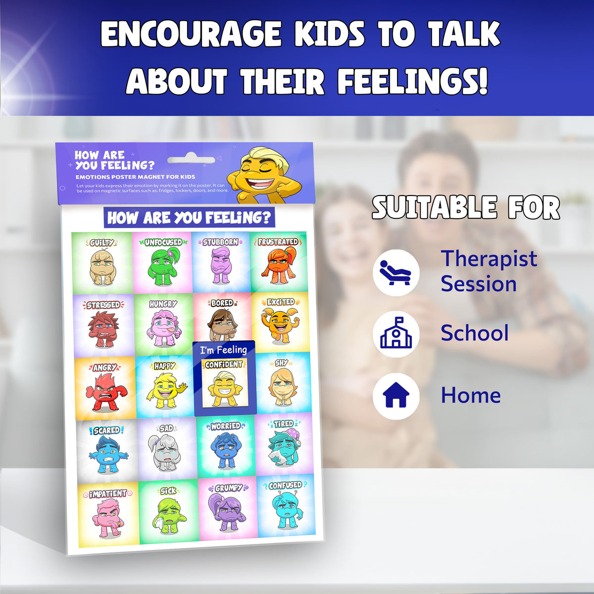 The feelings poster shown in full, suitable for home, school or a therapy session.