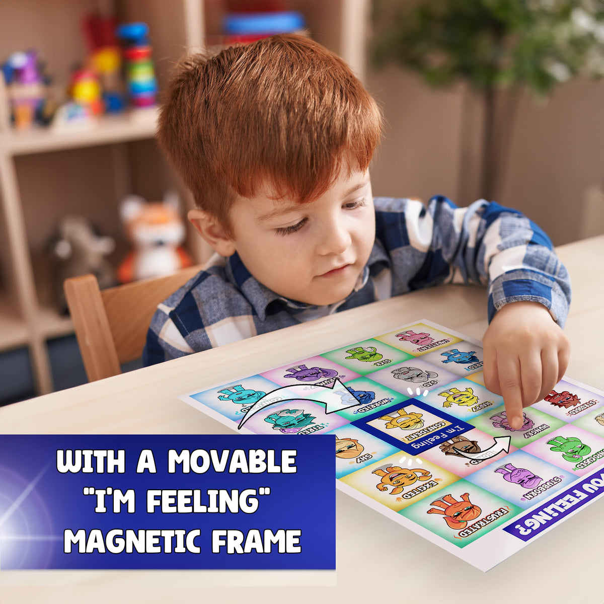 A child using the movable magnetic frame to mark how they feel.