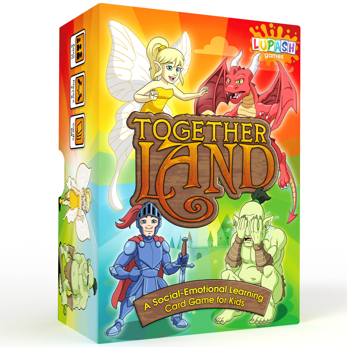 Together Land card game box, with a knight, a dragon and a fairy. Social and emotional learning card game for children.